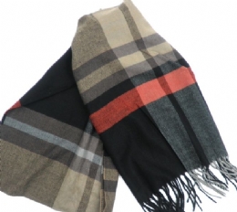 Black, grey and beige unisex checkered knitted scarf with rust stripes from very soft fabric