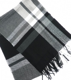 Black and grey unisex checkered knitted scarf with white stripes from very soft fabric