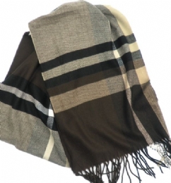 Brown, beige and grey unisex checkered knitted scarf with black stripes from very soft fabric