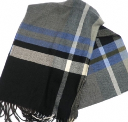 Black, grey and brown unisex checkered knitted scarf with light blue stripes from very soft fabric