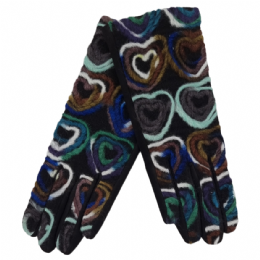 Black elastic women gloves with colourful knitted hearts and fluffy lining
