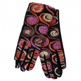 Black elastic women gloves with brown, purple and orange knitted circles and fluffy lining