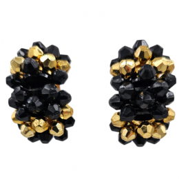 Clip sparkling earrings with black and gold beads