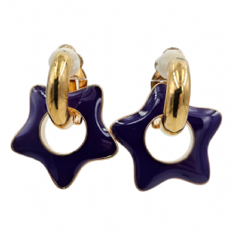 Golden clip earrings with hanging purple enamel stars