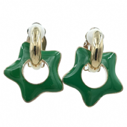 Golden clip earrings with hanging green enamel stars