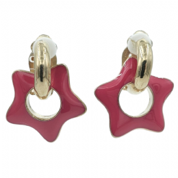 Golden clip earrings with hanging fuschia enamel stars