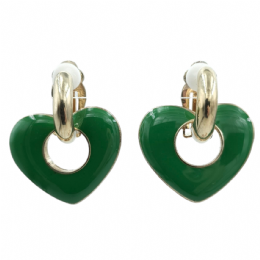 Golden clip earrings with hanging green enamel hearts