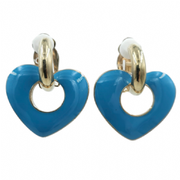 Golden clip earrings with hanging turquiose enamel hearts