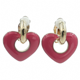 Golden clip earrings with hanging fuschia enamel hearts