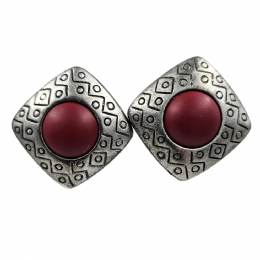 Antique silver curved clip rhombus earrings with burgundy matte beads