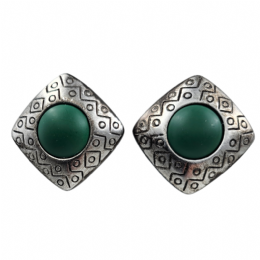 Antique silver curved clip rhombus earrings with green matte beads
