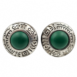 Antique silver curved clip circle earrings with green matte beads