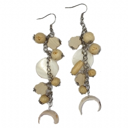 Long earrings with wooden beads and shell charms