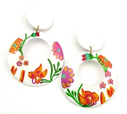 White wooden earrings with colourful flowers