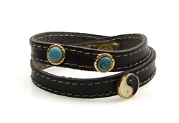 DOUBLE BLACK LEATHER BRACELET WITH GOLD YIN YANG 