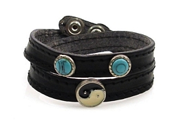 DOUBLE BLACK LEATHER BRACELET WITH SILVER YIN YANG 