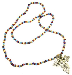 CROSS ON LONG MULTICOLOURED BEADED NECKLACE