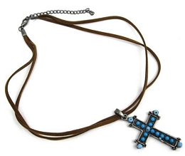 BEADED CROSS WITH DOUBLE LEATHER STRAP