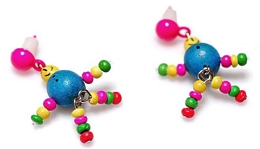 BLUE WOODEN LITTLE PEOPLE EARRINGS WITH MULTICOLOURED BEADS