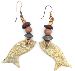 Bone earrings fishes with leather and wooden beads