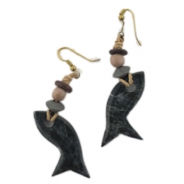 Κοκκάλινα σκουλαρίκια ψαράκια με δέρμα και ξύλινες χάντρες