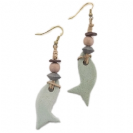 Κοκκάλινα σκουλαρίκια ψαράκια με δέρμα και ξύλινες χάντρες