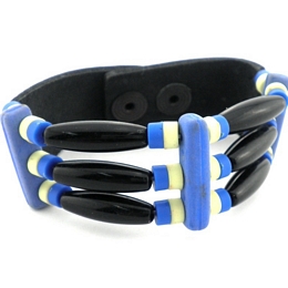 Black ethnik three-row leather cuff