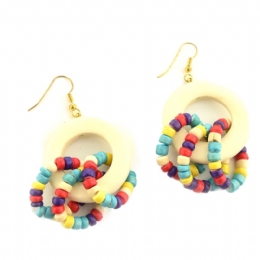 Cream wooden earrings with colourful hanging hoops