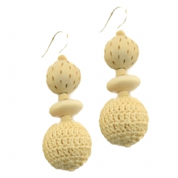 Cream wooden and crochet ball earrings