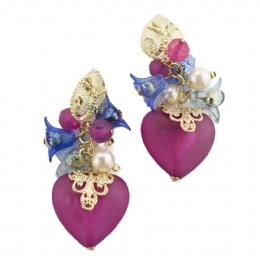 Heart, flower and pearl clip earrings