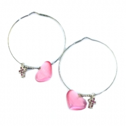 Pink heart and pink strass crosses on silver hoops