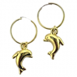 Gold hoop earrings with dolphins