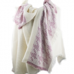 Εκρού Ιταλικό βαμβακερό πόντσο με ροζ Pied de Poule μπορντούρα