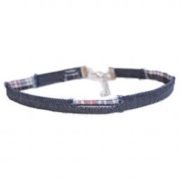 Jean choker with checkered patches and silver binding