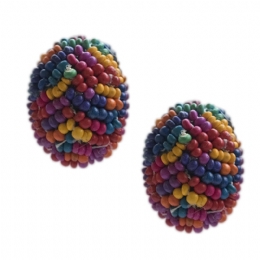 Οβάλ κλιπ σκουλαρίκια με ξύλινες πολύχρωμες χάντρες