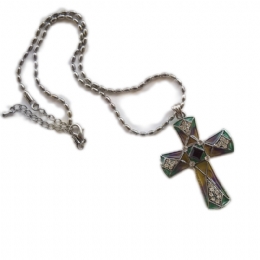 Enamel cross necklace with white and purple strass