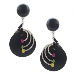 Wooden clip earrings with circle charm and three colourful beads