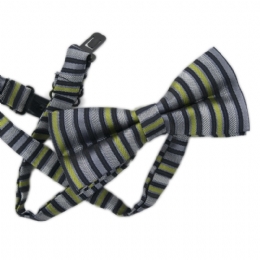 Grey bow tie with black and olive stripes