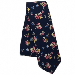 Dark blue narrow tie with colourful small roses