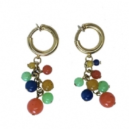 Gold hoop clip earrings with colourful hanging beads