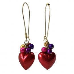 Long earrings with large hearts and colourful beads