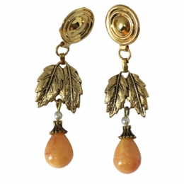 Ρετρό χρυσά κλιπ σκουλαρίκια με φυλλαράκια και κρεμαστές πέτρες