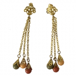 Retro gold earrings with long chains and multicoloured beads 