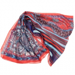 Wide Italian scarf with red, light blue, indigo blue stripes and paisley prints