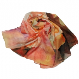 Salmon and orange floral wide Italian scarf with gold lurex Roses