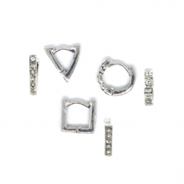 3 x small square, triangle and circle silver earrings with strass