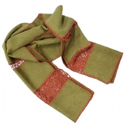 Narrow camel alcantara scarf with rust crochet flowers and stiches