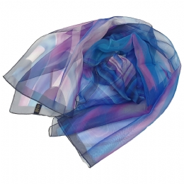 Wide Italian scarf with indigo blue and purple faded circles