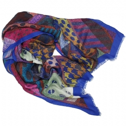 Indigo blue, plum and mustard Italian scarf with Pied de poule and dot design