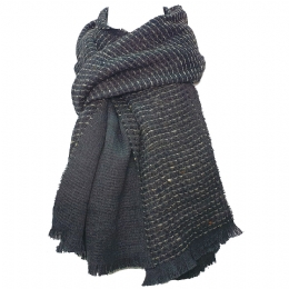 Charcoal unisex double face Italian wool scarf with cream thread design